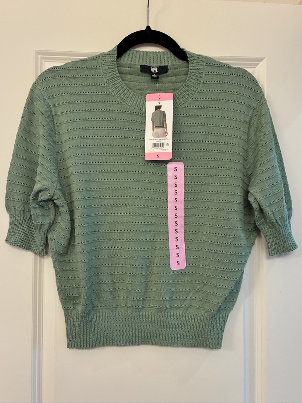NWT Frye Short Sleeve Pointelle‎ Cropped Silhouette Sweater Green Women’s Small